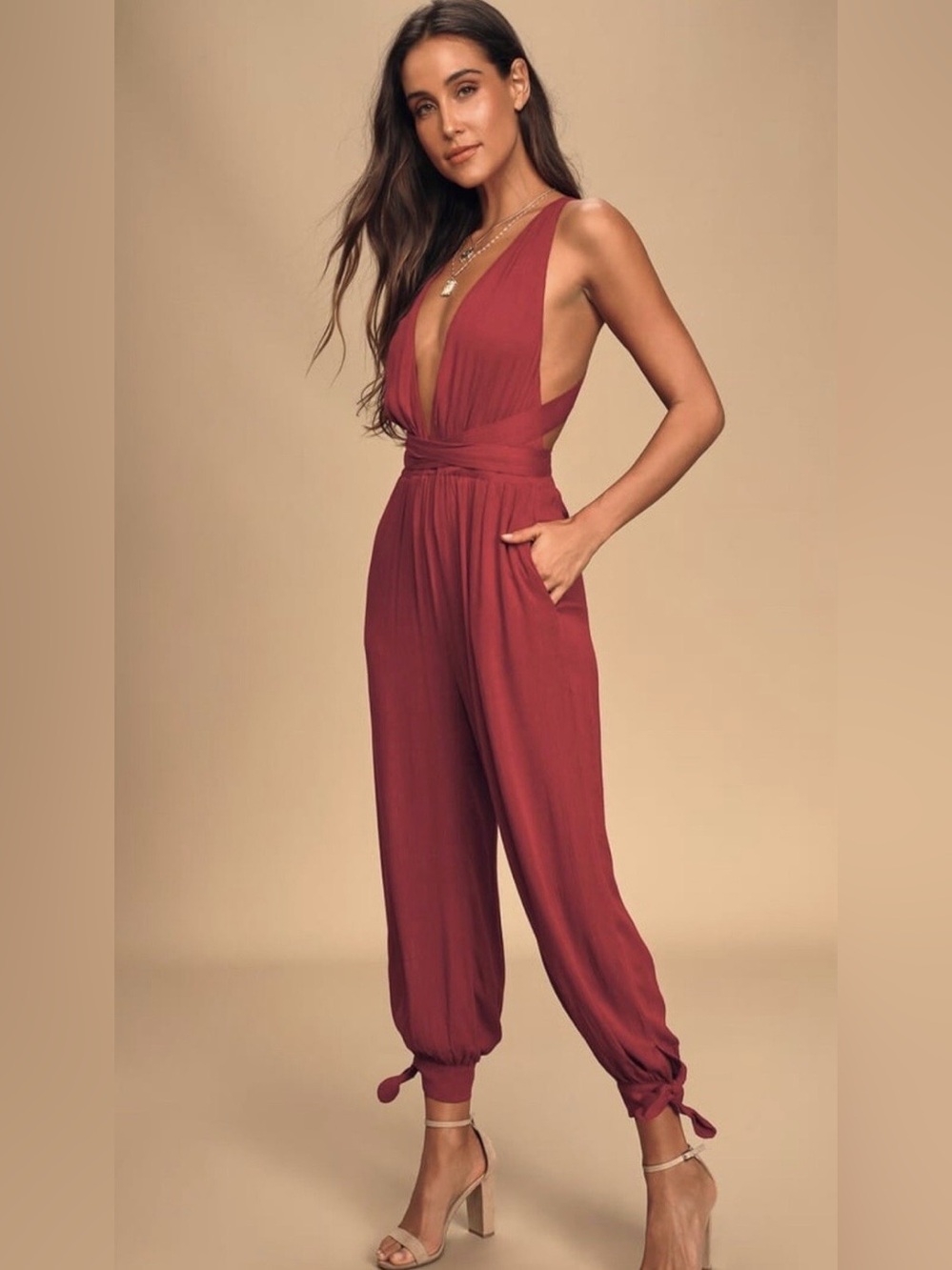 Lulu’s Lolinda Berry Red Convertible Halter Jumpsuit Size M